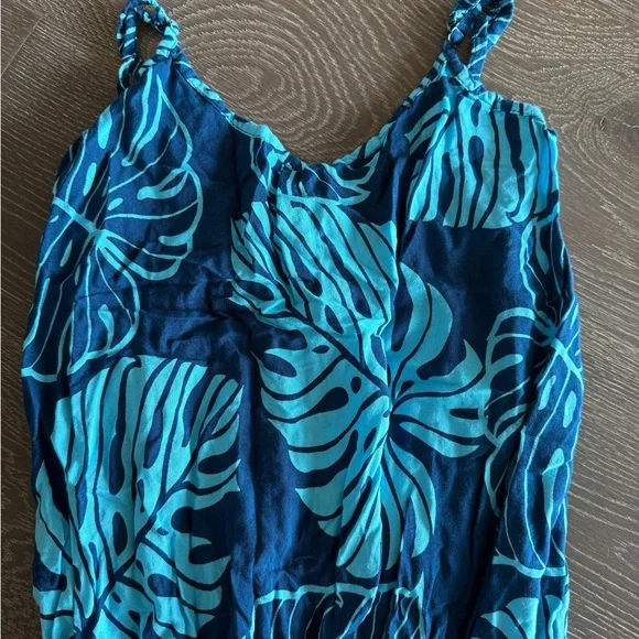 NO PUO COLLECTION HONOLULU Tropical Blue Leaf Print Romper - Picture 2 of 5